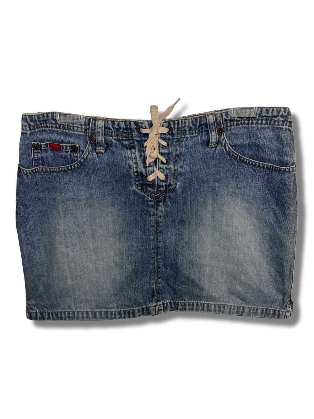 Vtg Y2K Denim Corset Style Tie Front Mini Skirt